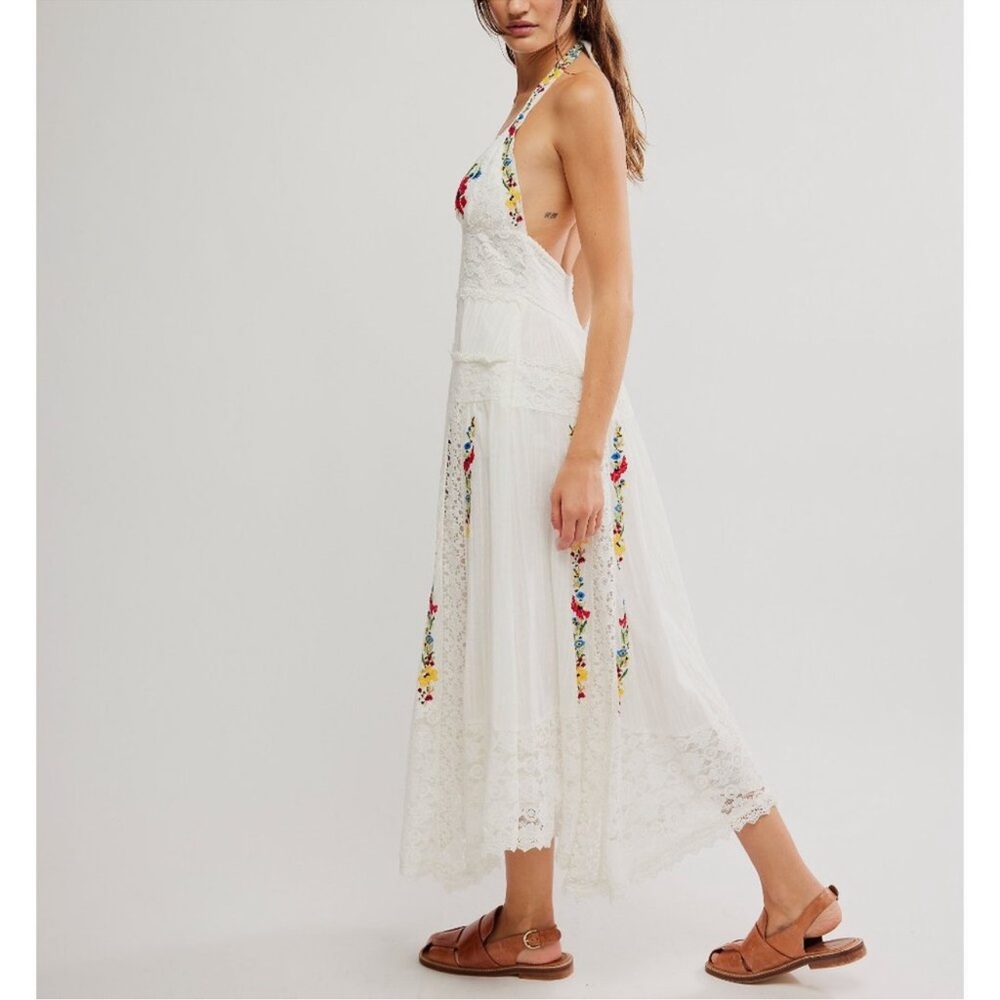 Free People White Embroidered Midi Dress with Red & Blue Floral Accents - Picture 5 of 10